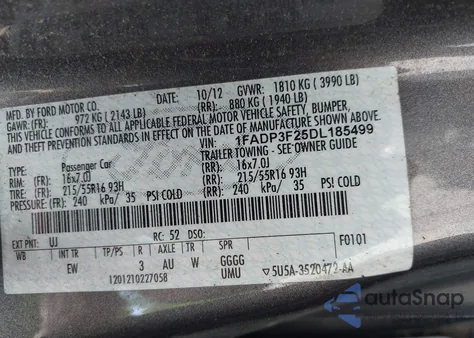 2013 Ford Focus Se из США, поврежденный, VIN 1FADP3F25DL185499